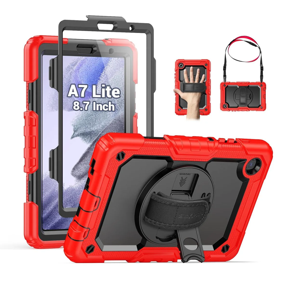 Red rugged case with rotating stand and straps for 8.7 inch tablet