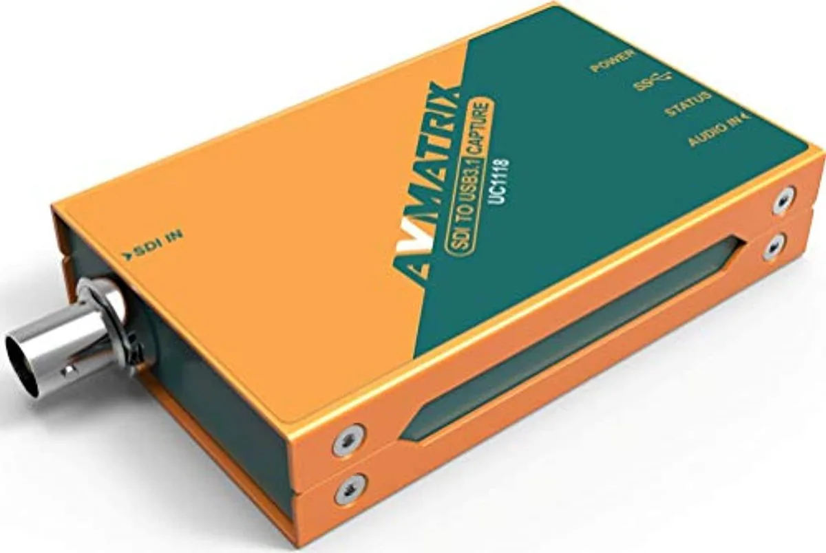 Compact black capture box with SDI input and USB-C output
