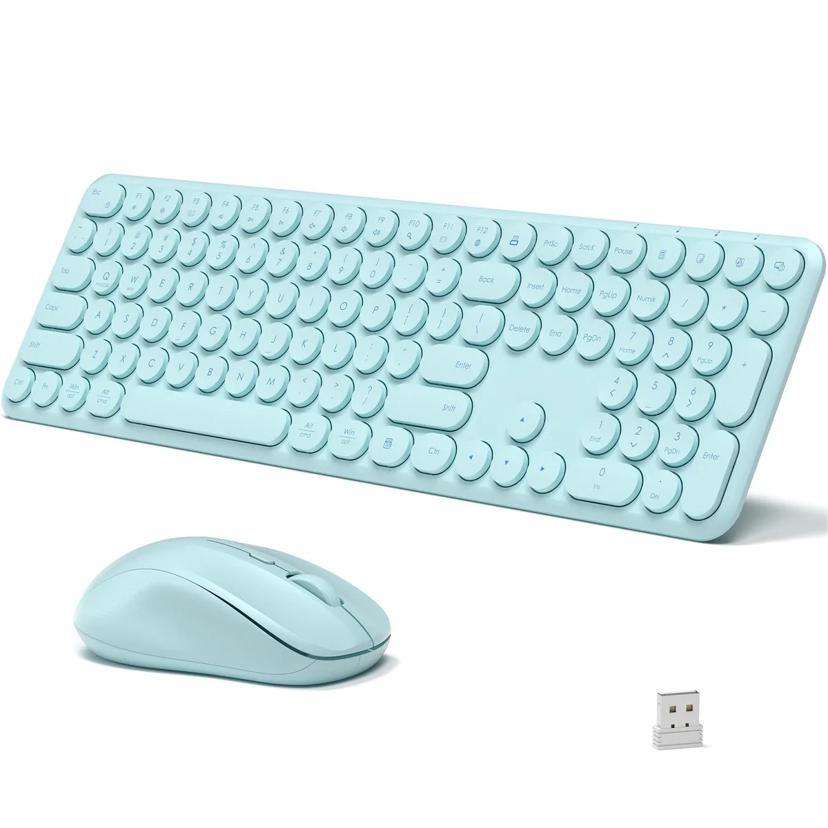 Blue wireless keyboard with 110 round keys and matching optical mouse with shared USB receiver