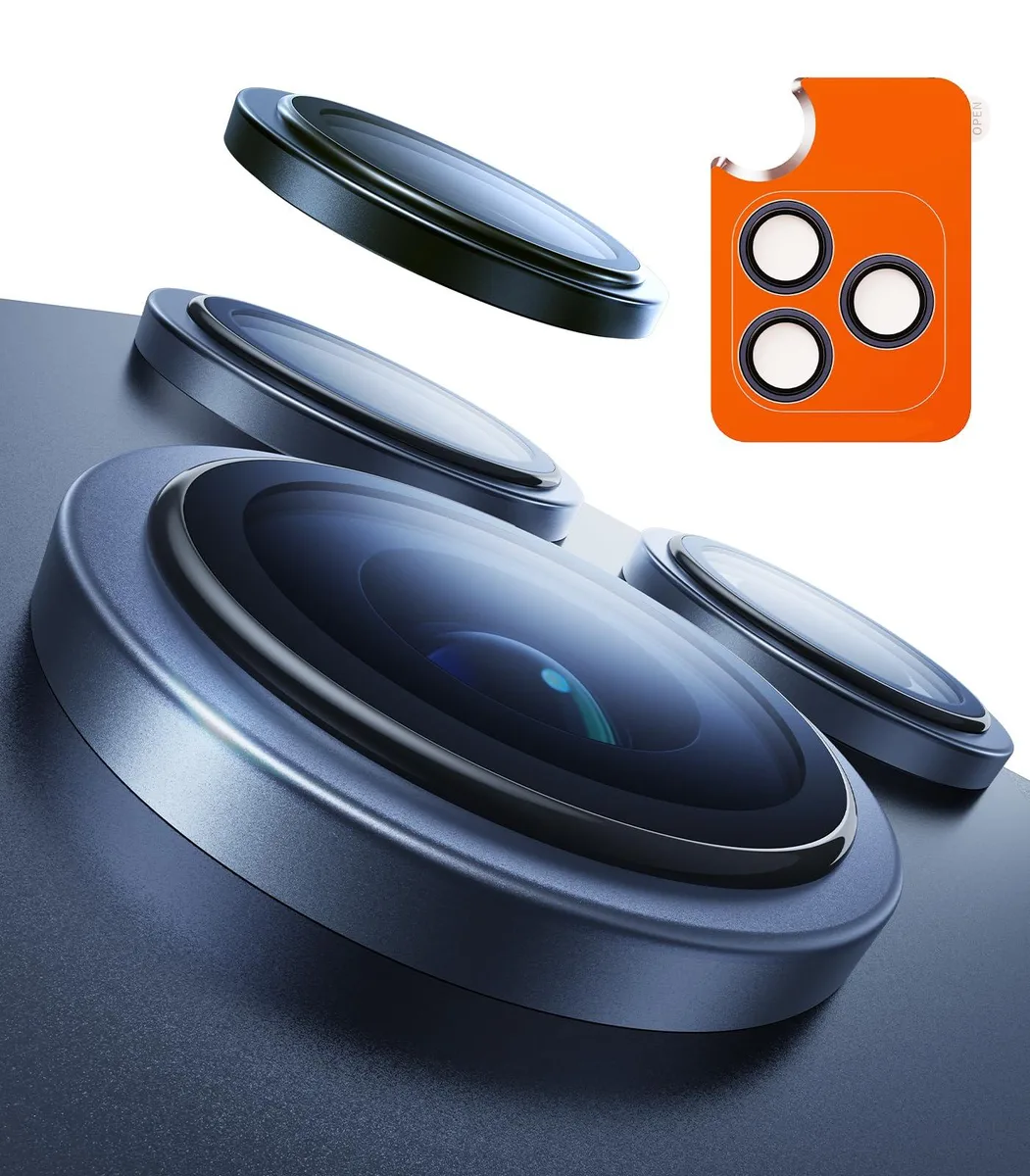 Deep blue camera lens protector for iPhone 17 Pro and Pro Max, tempered glass with metal frame, glossy finish