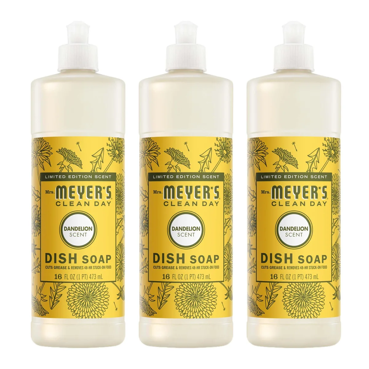 Three white 16 fl oz bottles of dandelion-scented liquid dish soap