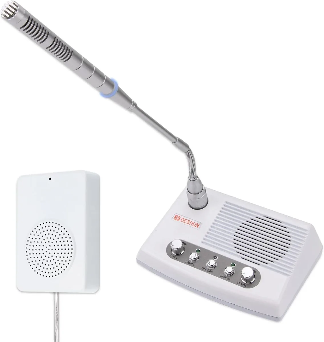 Metallic desktop intercom speaker with detachable microphone and volume knobs