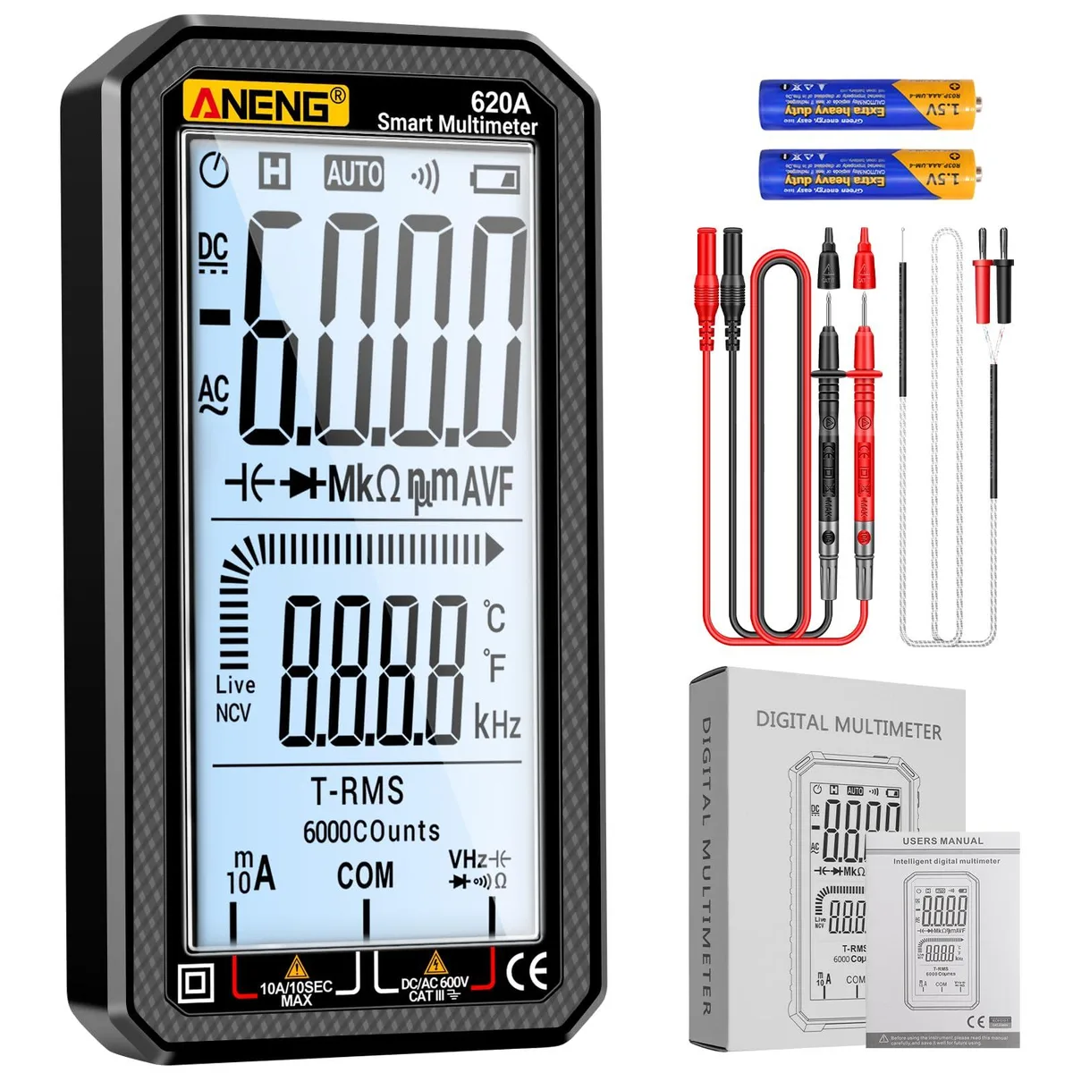 Black clamp multimeter with LCD display and test leads