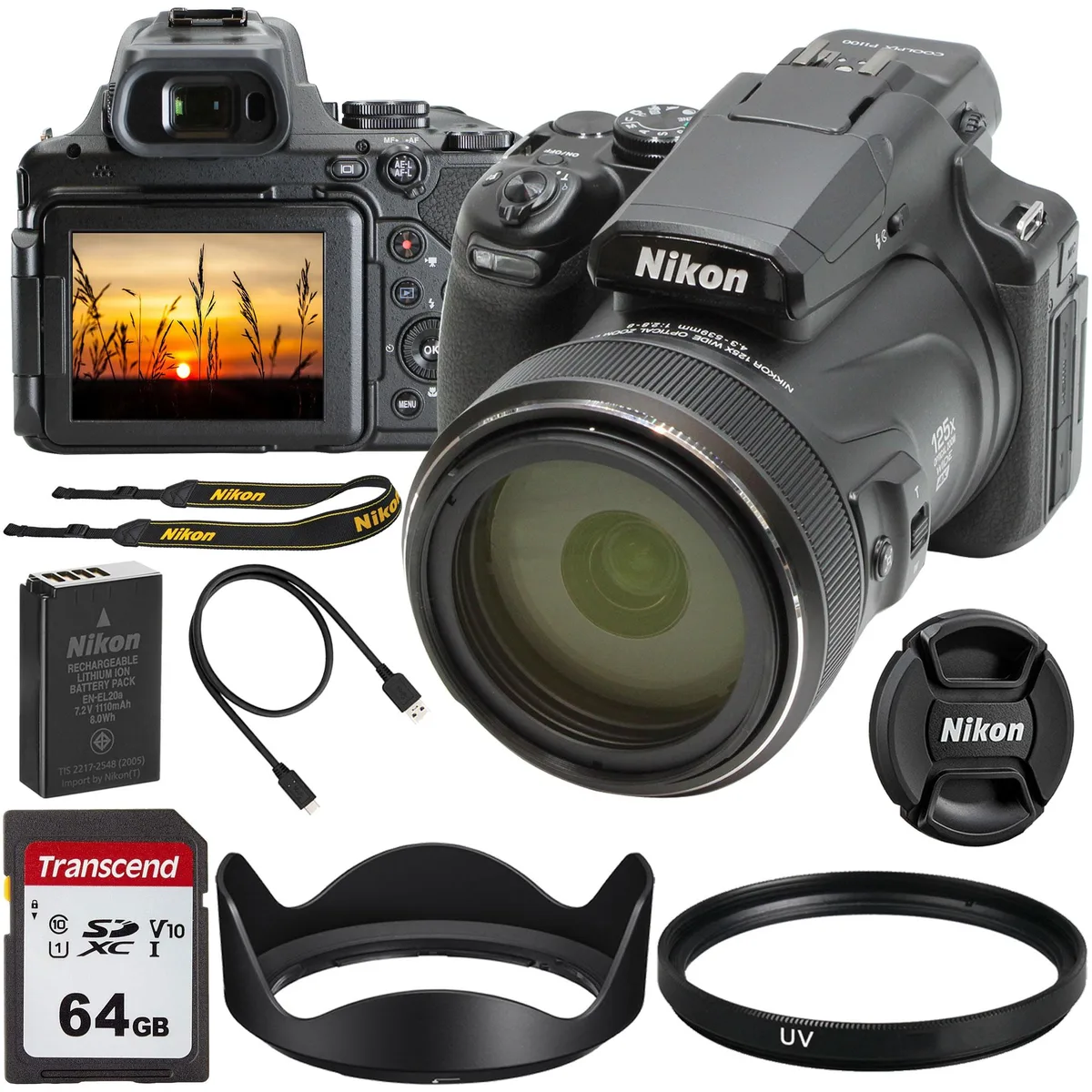 Nikon Global Nikon COOLPIX P1100 16MP compact mirrorless camera with accessory bundle — product photo