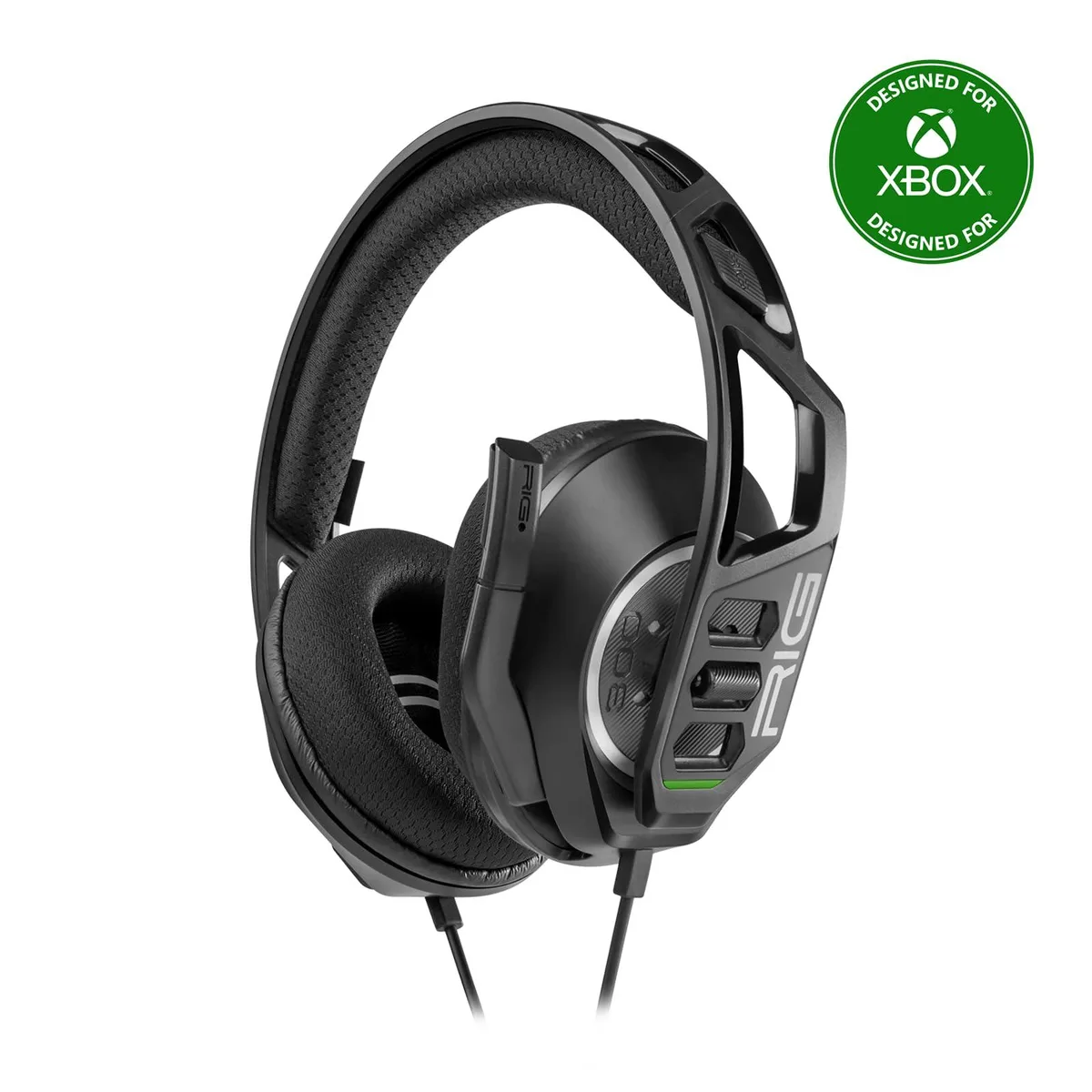 Black wired gaming headset with oval earcups, flexible headband and flip-up microphone