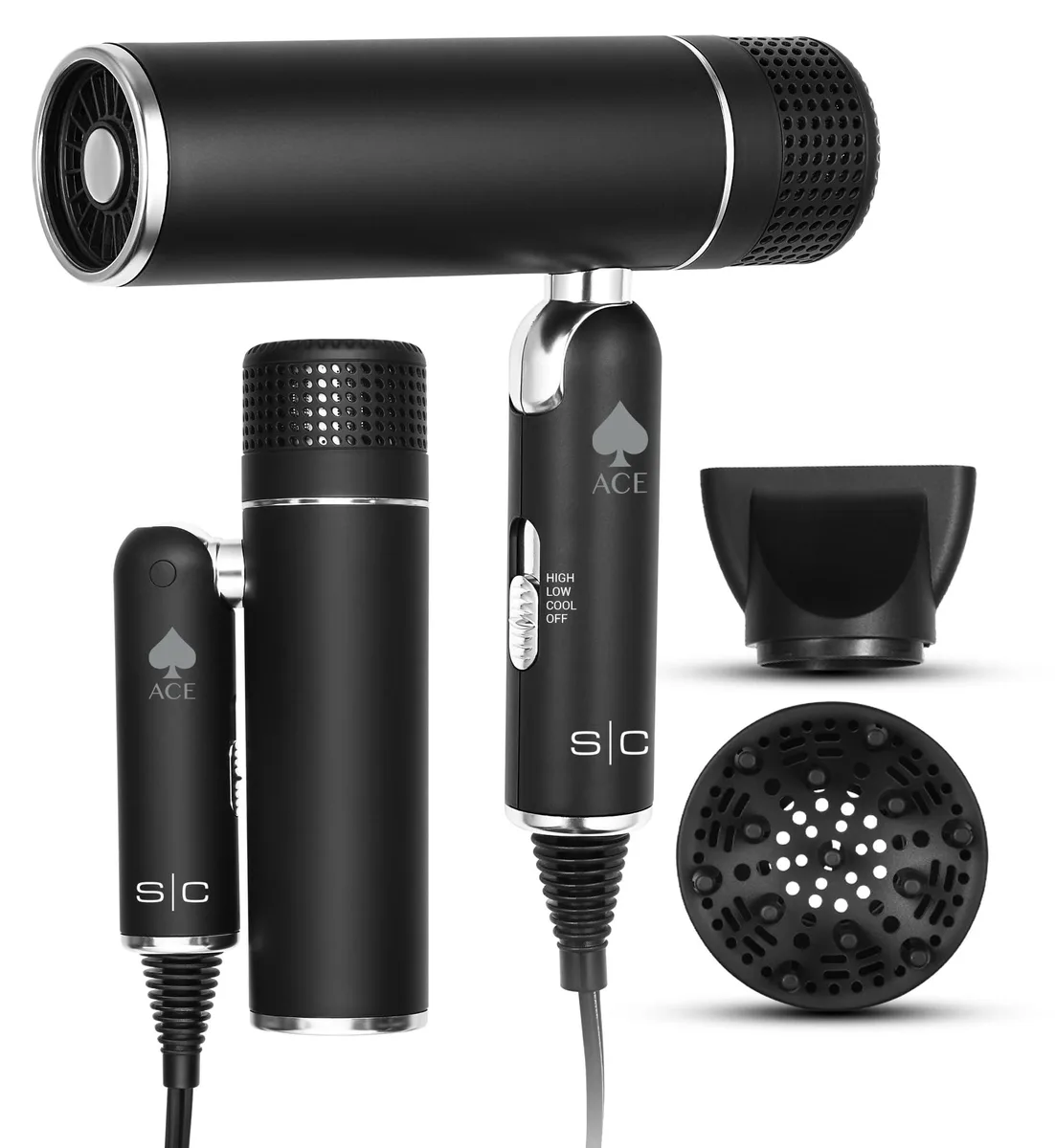 Compact matte black foldable hair dryer with silver accents, concentrator and diffuser nozzles attached