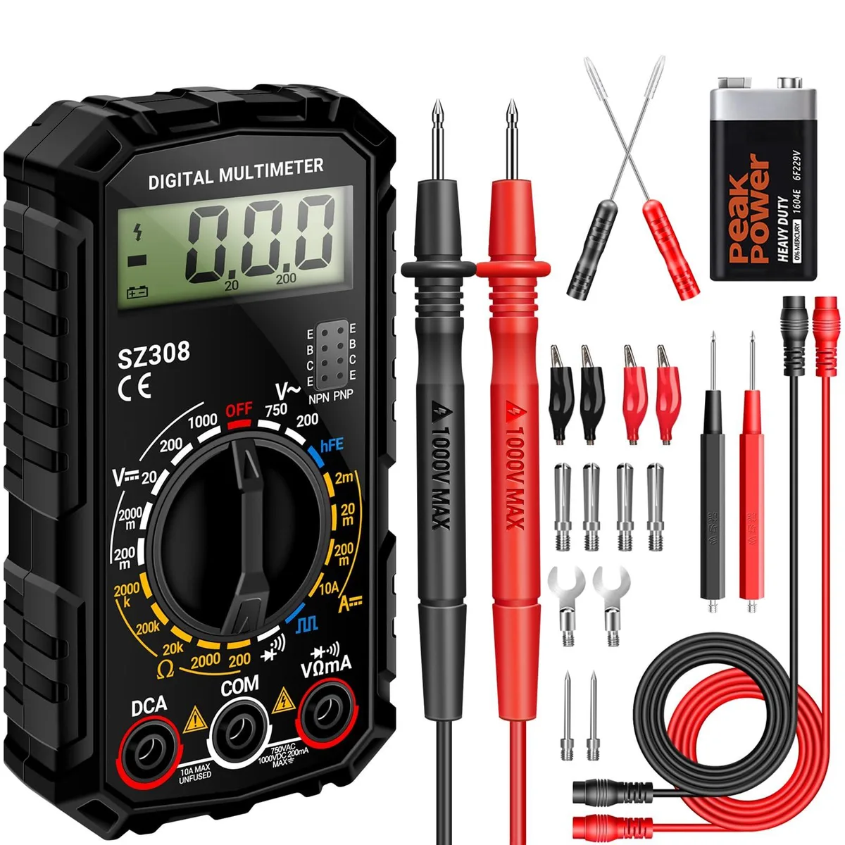 Compact yellow digital multimeter with LCD display and test leads