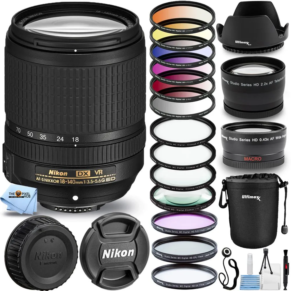 Nikon Global Nikon AF-S DX NIKKOR 18-140mm f/3.5-5.6G ED VR camera lens bundle — product photo