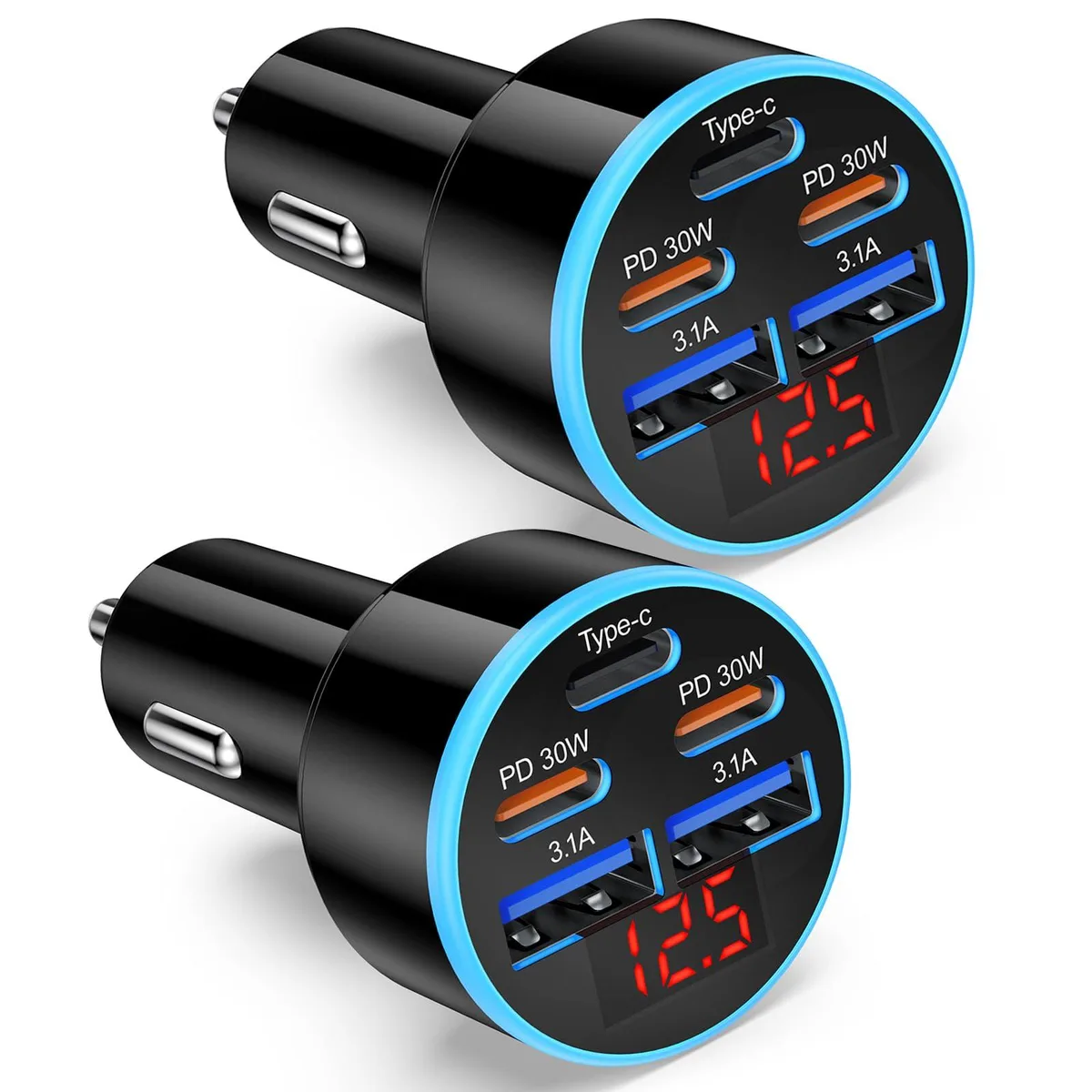 Two black car chargers with five ports and LCD voltage displays
