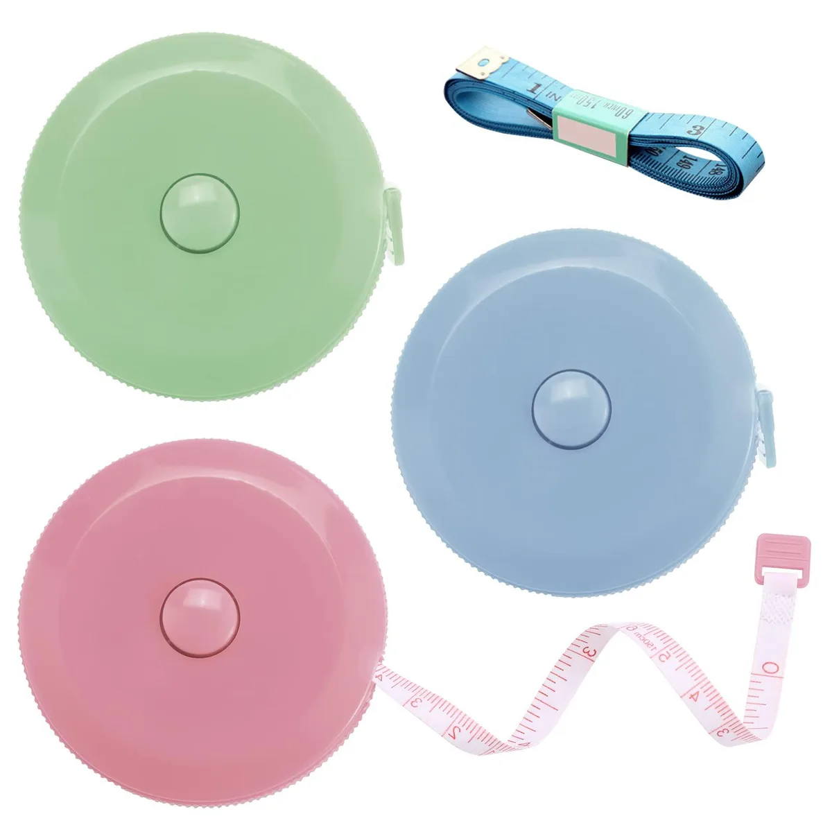 Three retractable fabric tape measures in green blue and pink plastic cases 60 inch dual scale