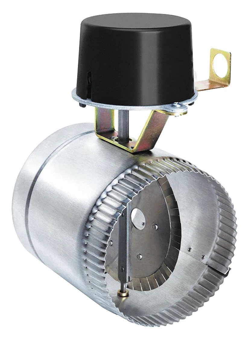 Stainless steel automatic vent damper, rectangular housing, 24V motor visible