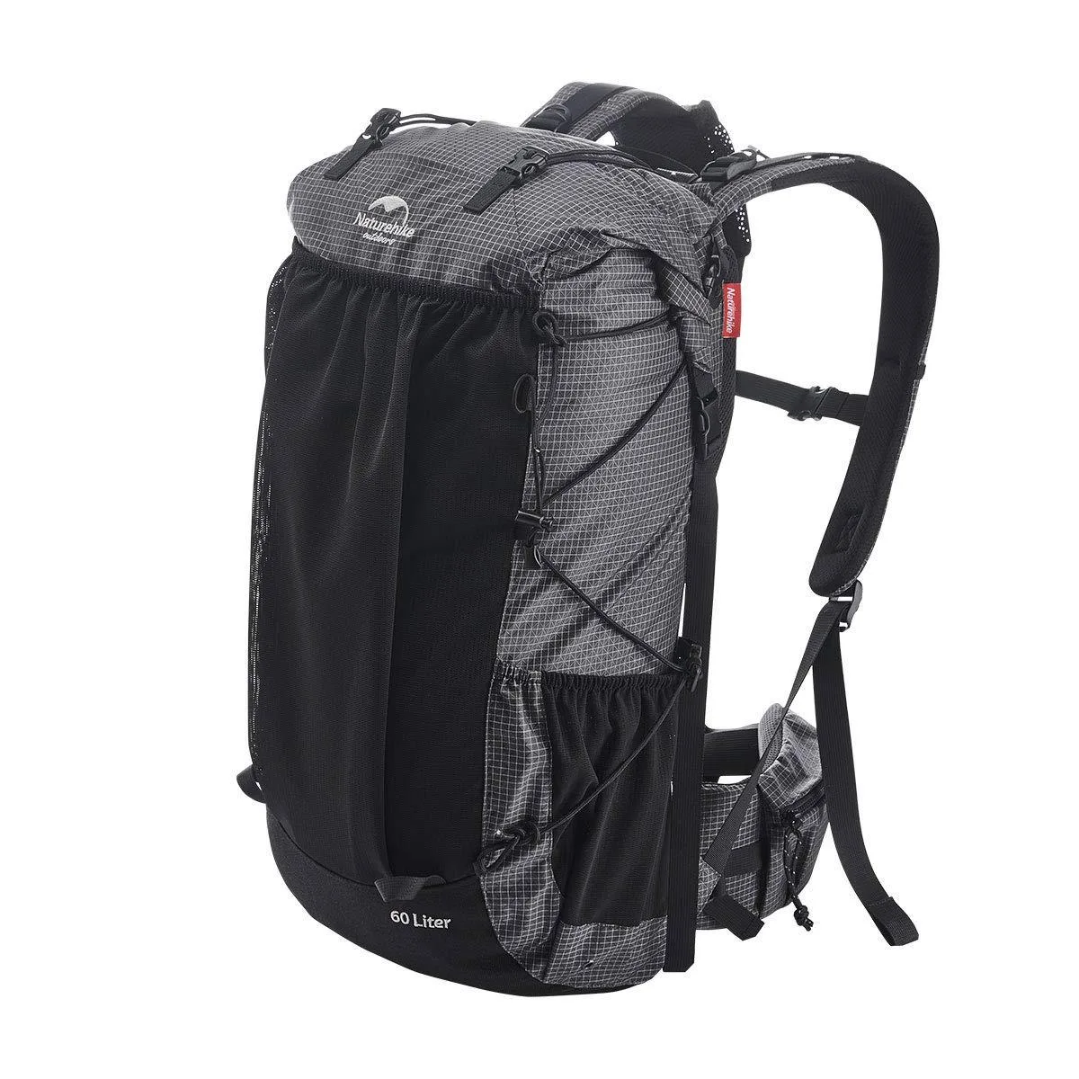 Grey 65L internal-frame hiking backpack with mesh back panel, compression straps and rain cover