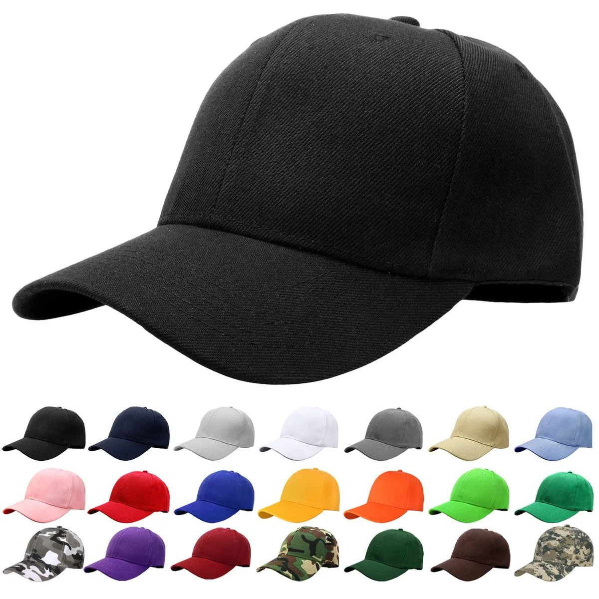 Black six-panel baseball cap with pre-curved bill and rear adjuster