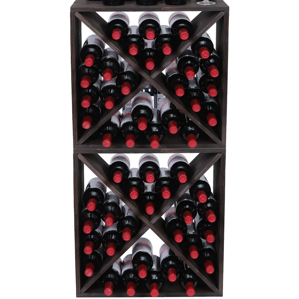 Black wooden cube wine rack with stainless steel top holding 48 bottles