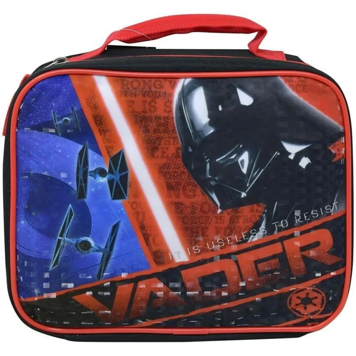 Red polyester rectangular lunch bag with Star Wars character graphics, top zip and carry handle