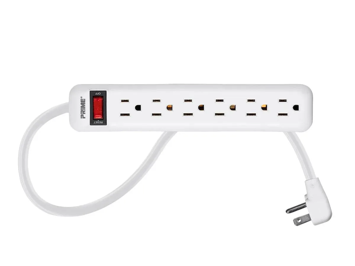 White six-outlet power strip with three-foot cord and lighted switch