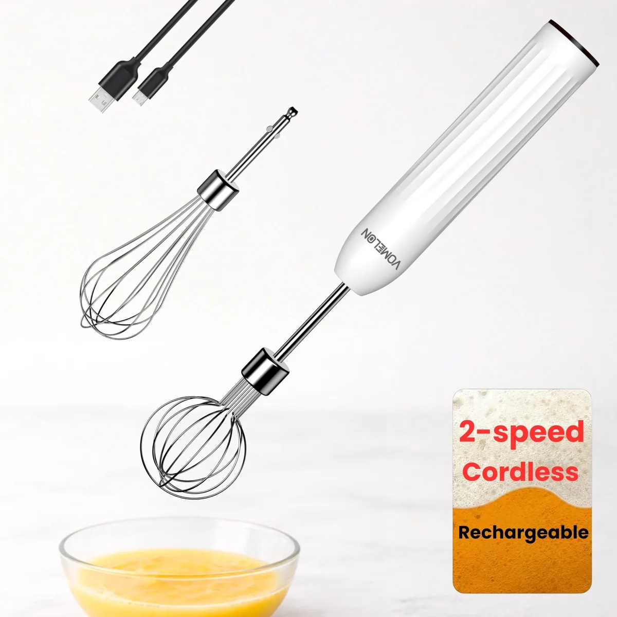 White handheld electric whisk with two detachable stainless steel heads and USB-C charging port