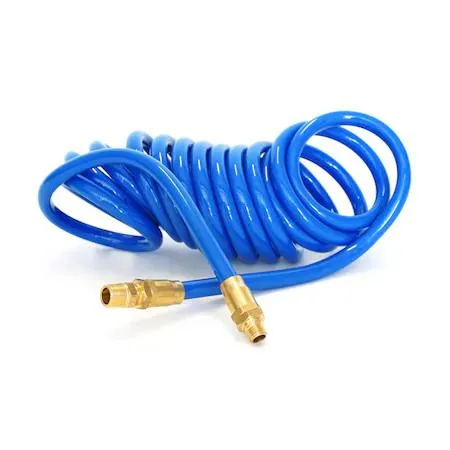 Yellow coiled polyurethane air hose 15 ft with brass NPT fittings
