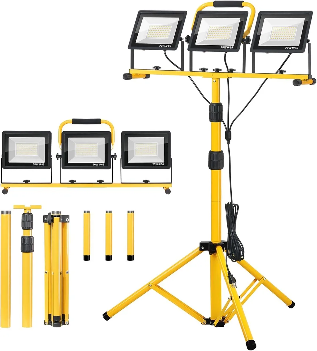 Three-head LED work light on extendable tripod stand with 16ft power cord