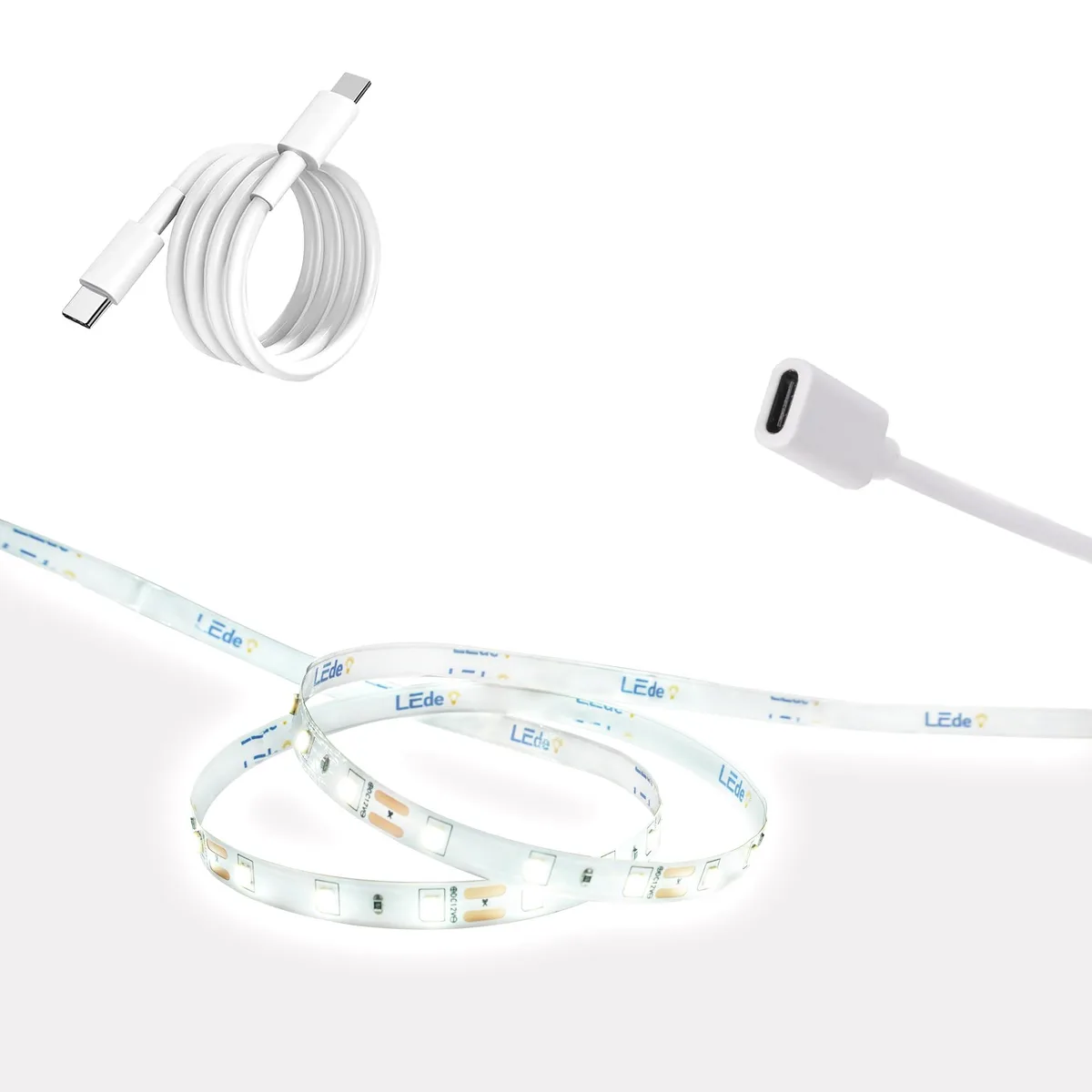 A 16.4 foot white LED strip on a reel with USB-C connector