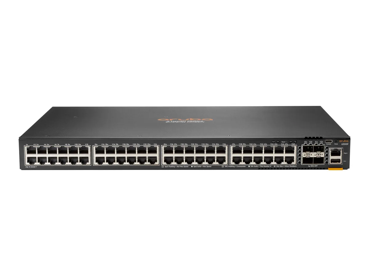 Silver rack-mount network switch with 48 ports and four SFP slots