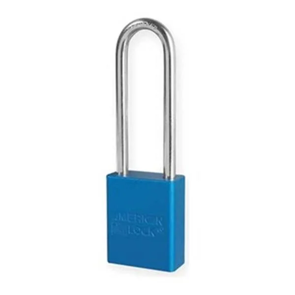 Blue anodized aluminum padlock with extended boron alloy shackle