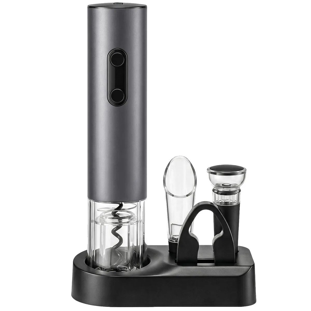 Gray stainless steel electric wine opener with foil cutter pourer stopper and base .9 lb