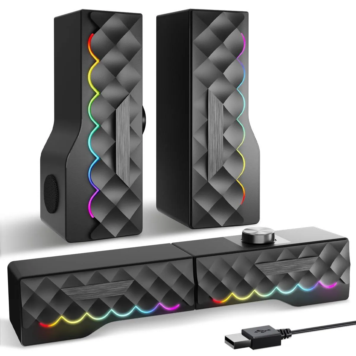 Black detachable USB soundbar with LED lighting, 12 x 41.5 x 10 cm