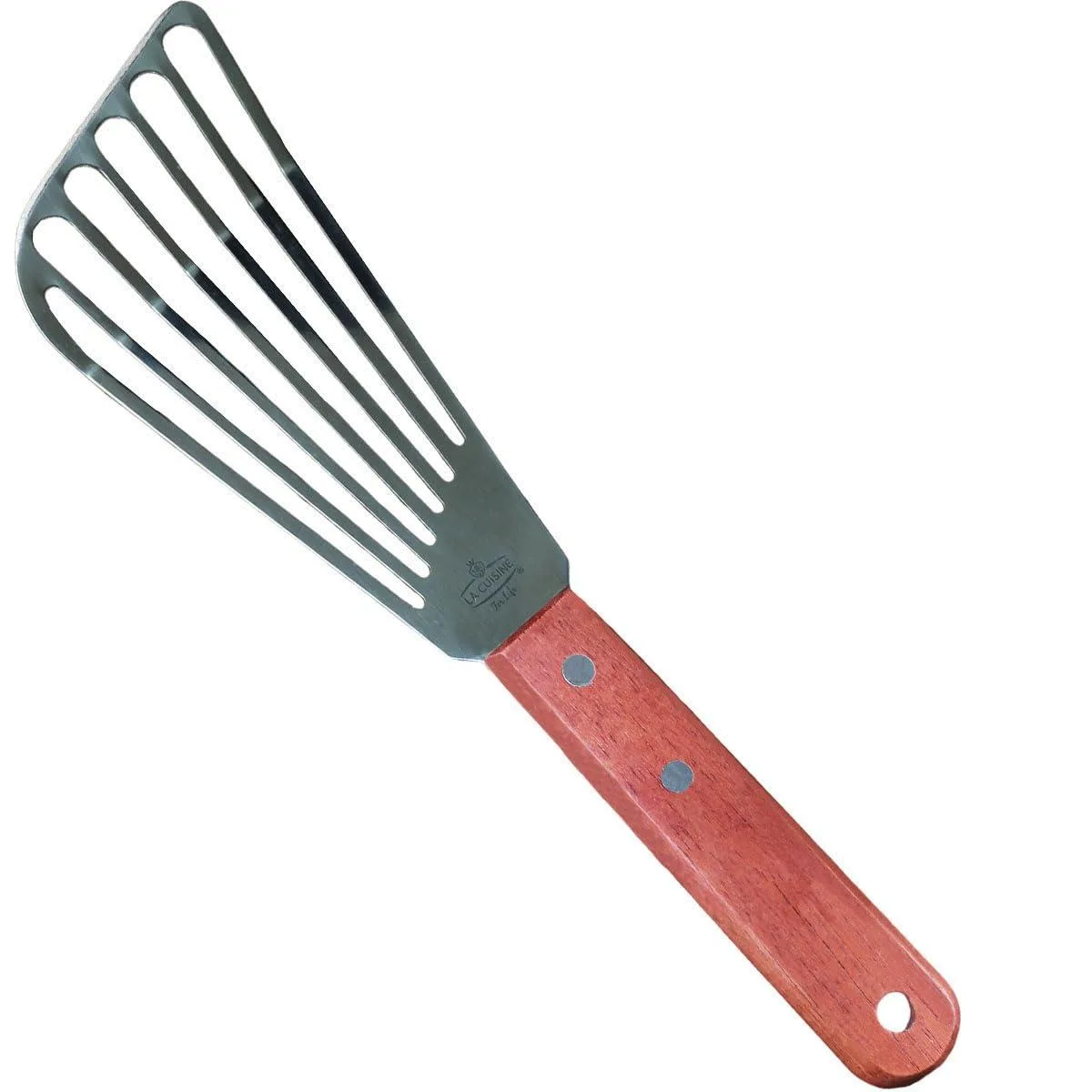 Stainless steel slotted spatula with wood handle, 11 inch overall, 6.5 inch blade