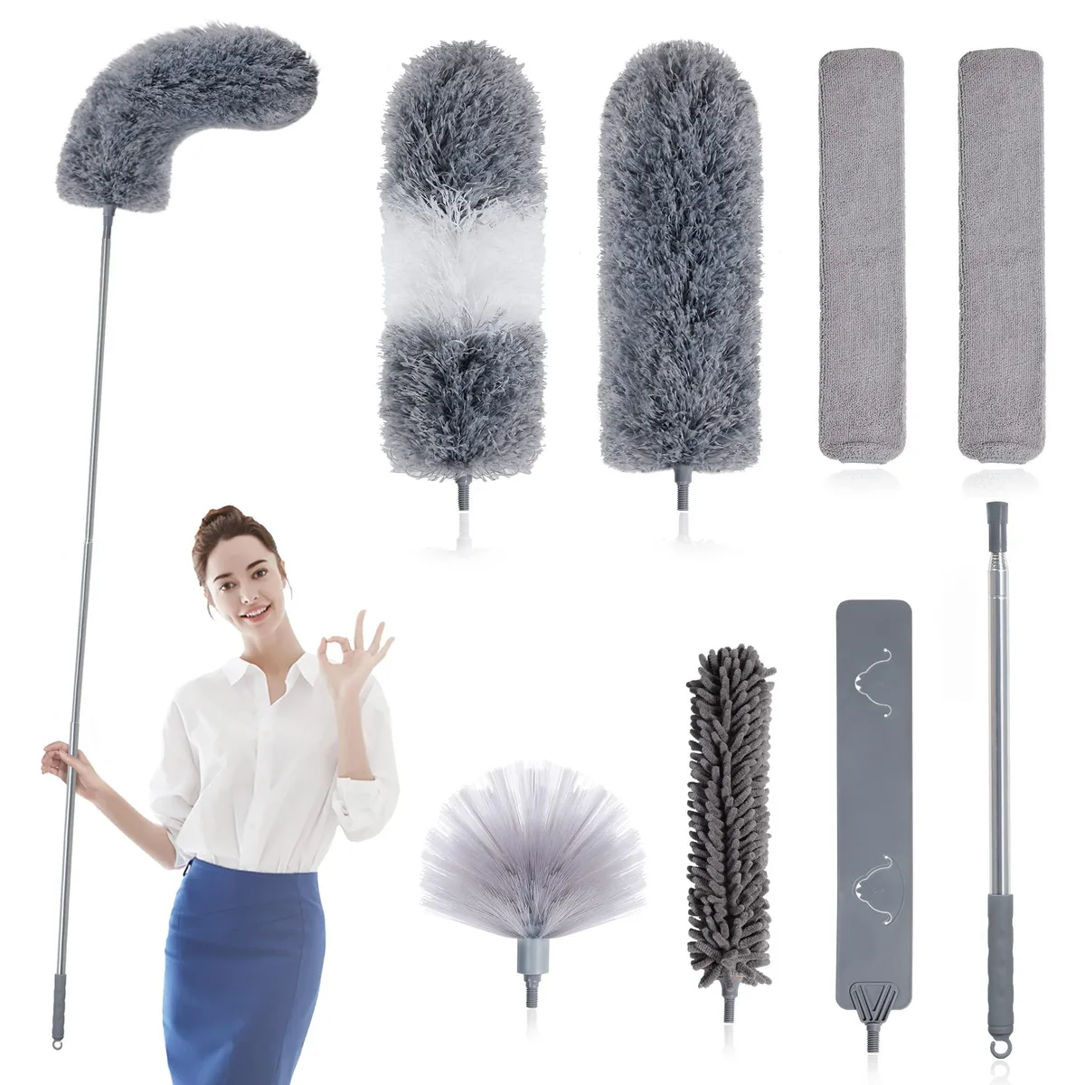 Seven-piece microfiber duster set with bendable heads and 100-inch stainless steel extension pole