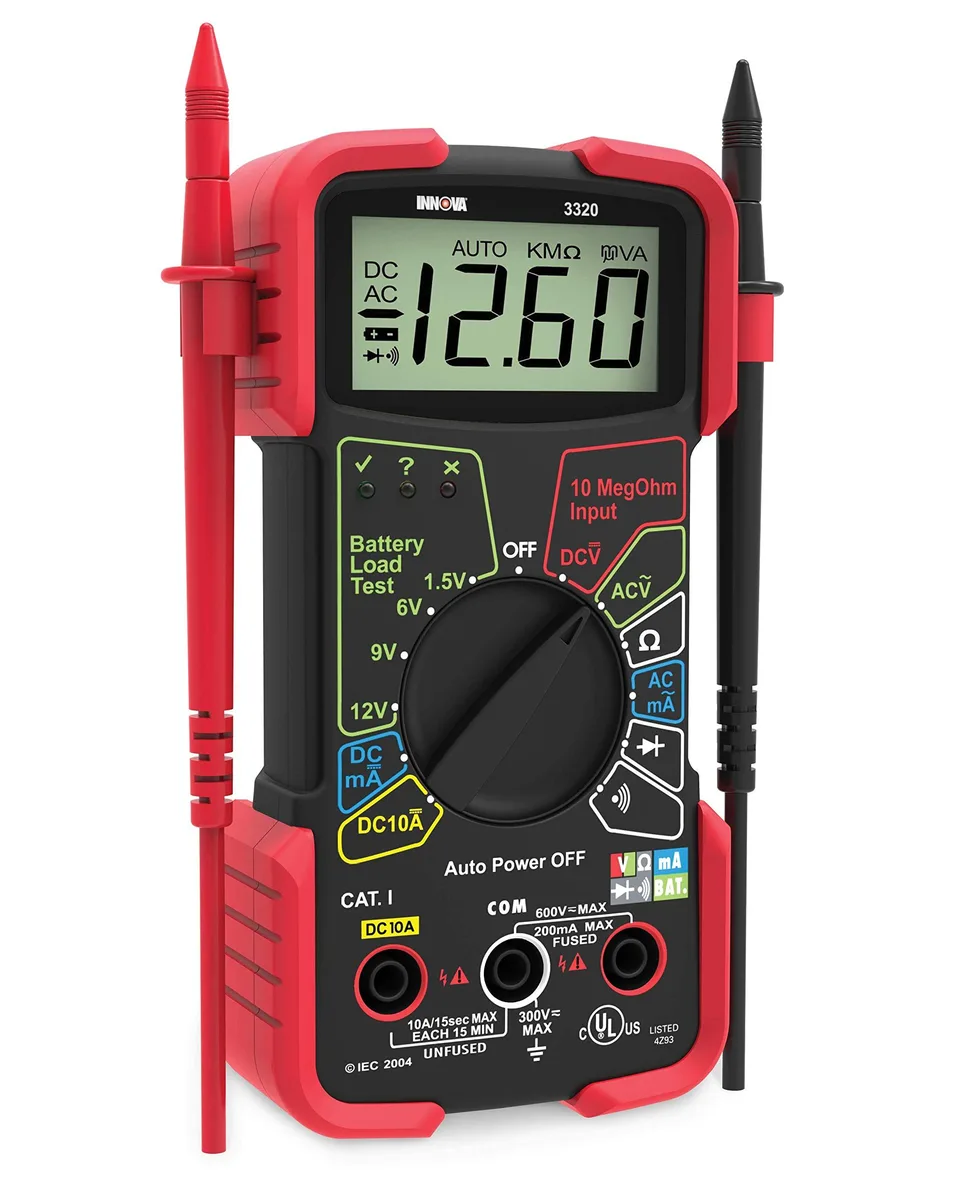 Red and black handheld digital multimeter with large display and rubber guards