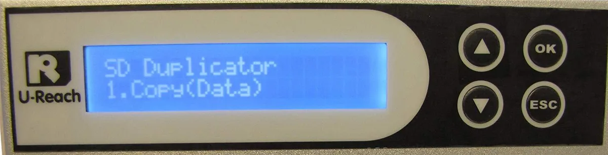 Standalone SD and microSD duplicator with removable front panel, copies one source to 24 targets