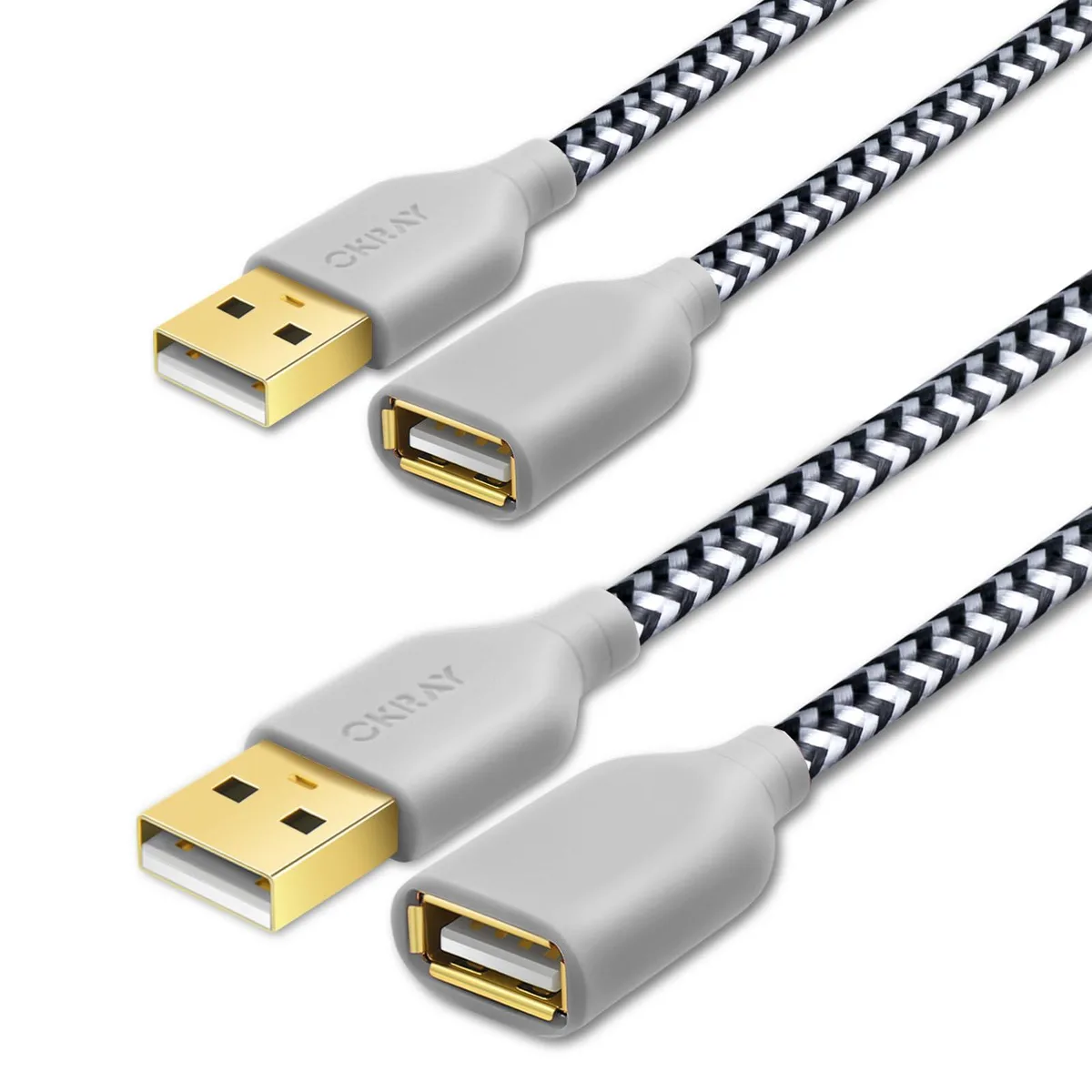  OKRAY USB 2.0 Extension Cable Type-A Male to Female 6ft 480Mbps 2-Pack White Braided — product photo