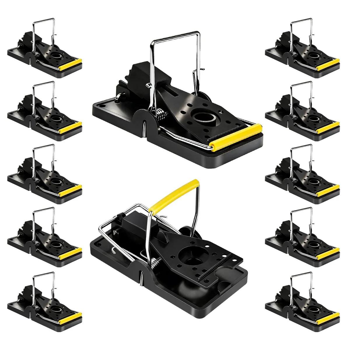 Twelve small rectangular plastic mouse traps with metal springs and bait cups, light grey finish