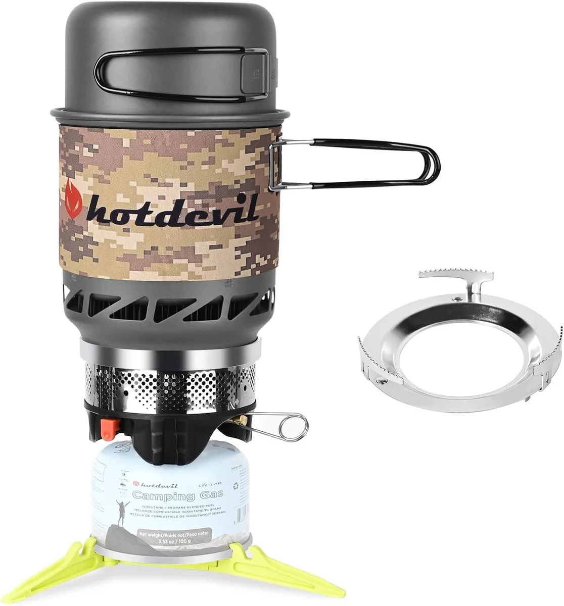 Compact silver stove system with 0.75L pot, 0.25L bowl, burner, stabilizer and holder