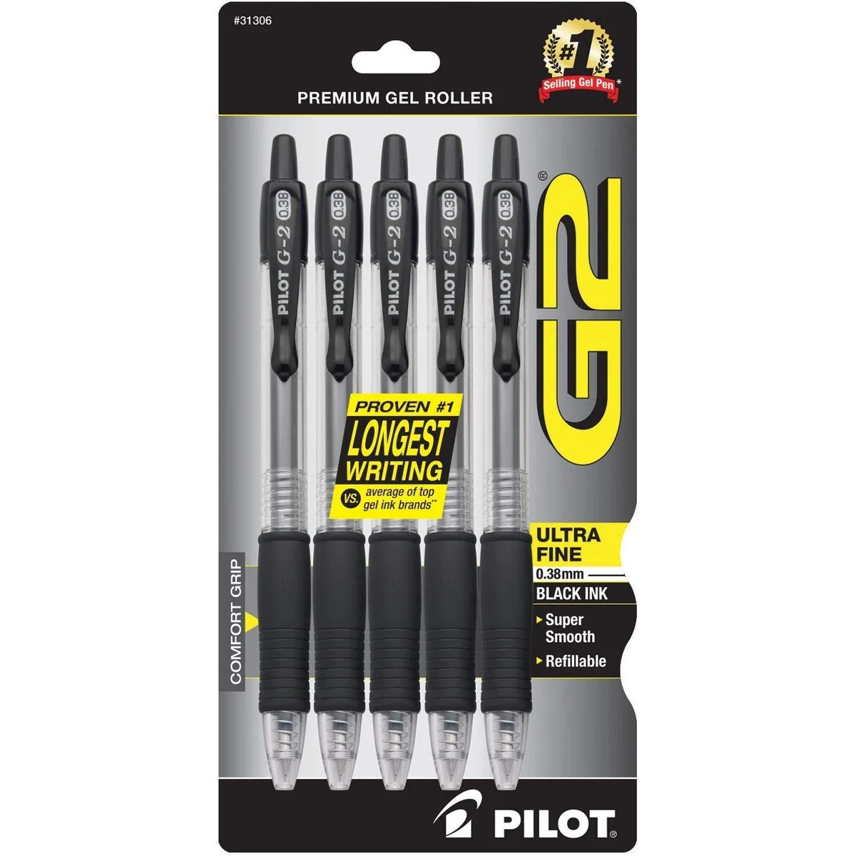  Pilot G2 Premium Refillable Retractable Gel Pens 0.38mm Black Ink 5-Pack — product photo
