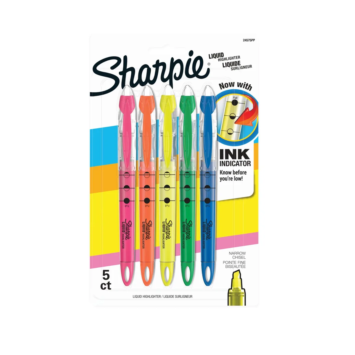 Five Sharpie liquid highlighters with chisel tips in pink orange yellow green and blue showing ink windows