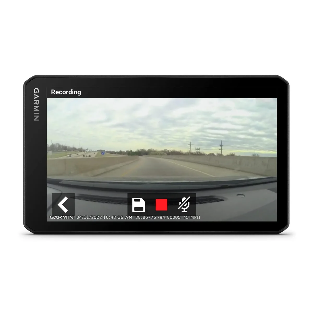 Garmin RV Cam 795 navigator with built-in dash cam on mount