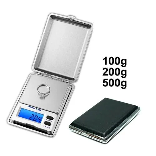 DeWalt digital pocket scale, black plastic body, stainless steel platform, white LCD display, hard case included