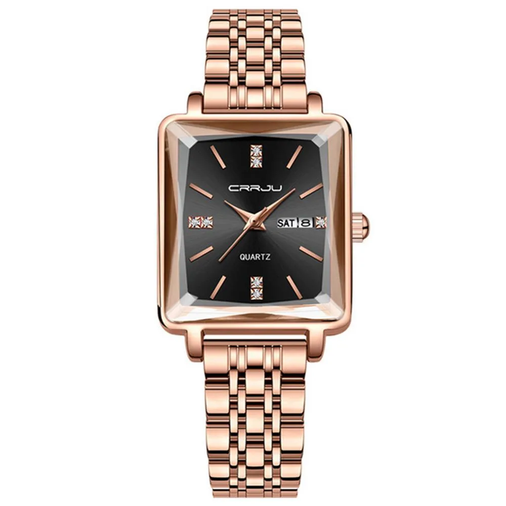 Rose gold analog watch with red dial, diamond hour markers, black mesh strap