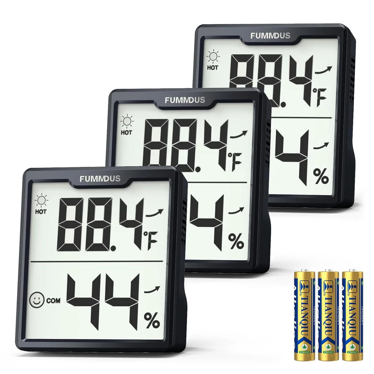 Three compact black digital hygrometers with LCD displays, tabletop stands, magnets, and hanging holes