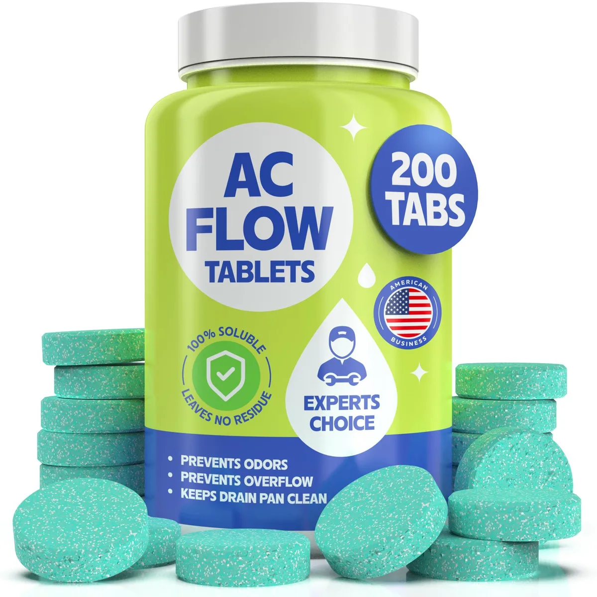 White bottle containing 200 green water-soluble tablets