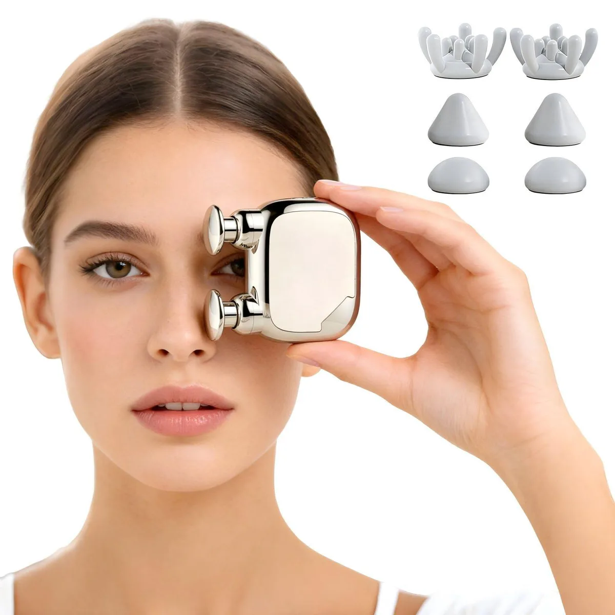 Small white dual-head massage gun with rounded edges and smooth finish