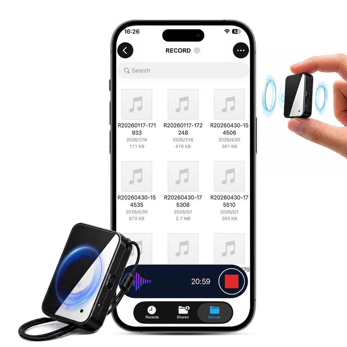  KWSMIS L8 64GB voice recorder 1200h USB-C 3.5mm — product photo