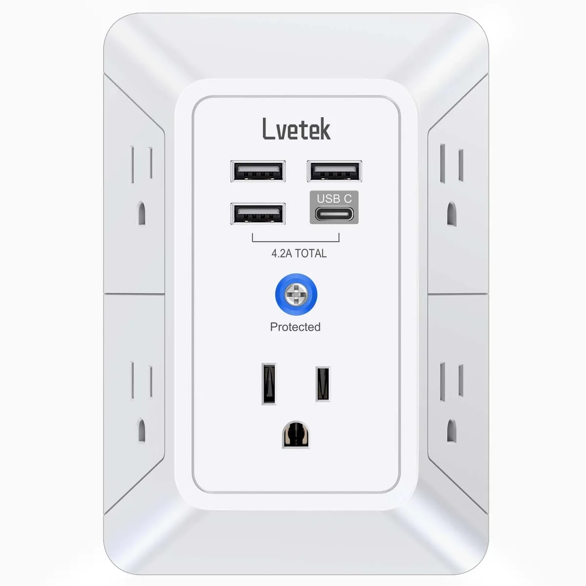 White three-sided outlet extender with five AC sockets and four USB ports including one USB-C