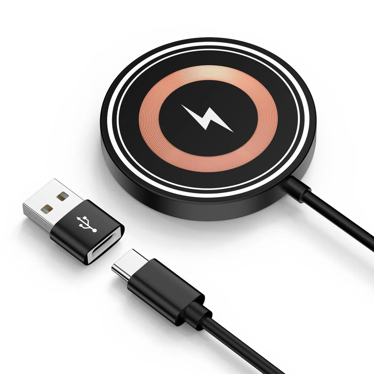 Flat circular charging pad with integrated 4FT cable ending in USB-C and USB-A connectors