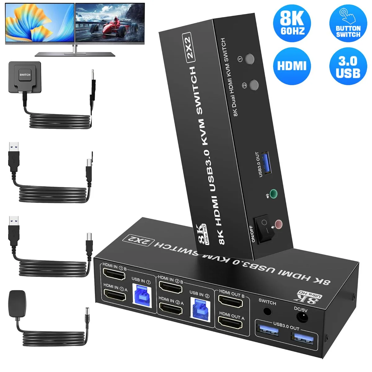 IHDAPP IHDAPP 8K@60Hz Dual Monitor KVM Switch 2 Port 3 USB 3.0 — product photo
