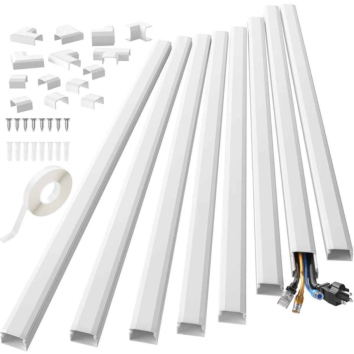 White plastic cord cover, 125 inches long, low-profile rectangular channel, matte finish, self-adhesive backing visible