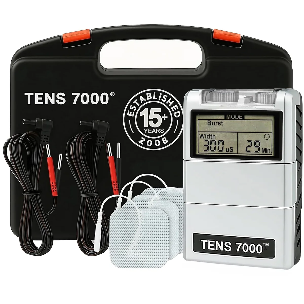 Black rectangular TENS 7000 unit with lead wires, electrode pads, battery and hard case