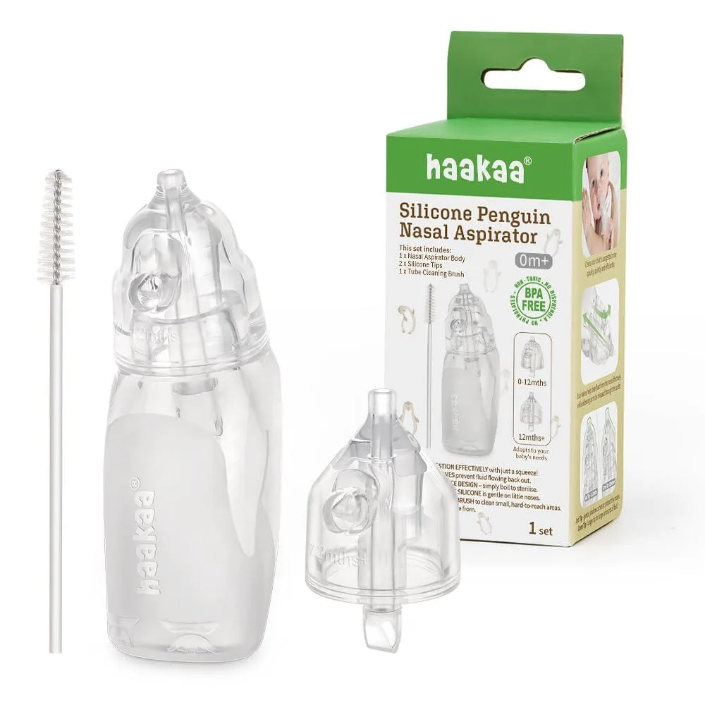 Transparent penguin-shaped silicone nasal aspirator with measurement markings